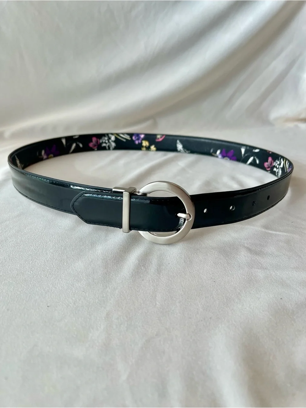 Reversible Black Floral Butterfly Women's Belt with Silver Round Buckle
